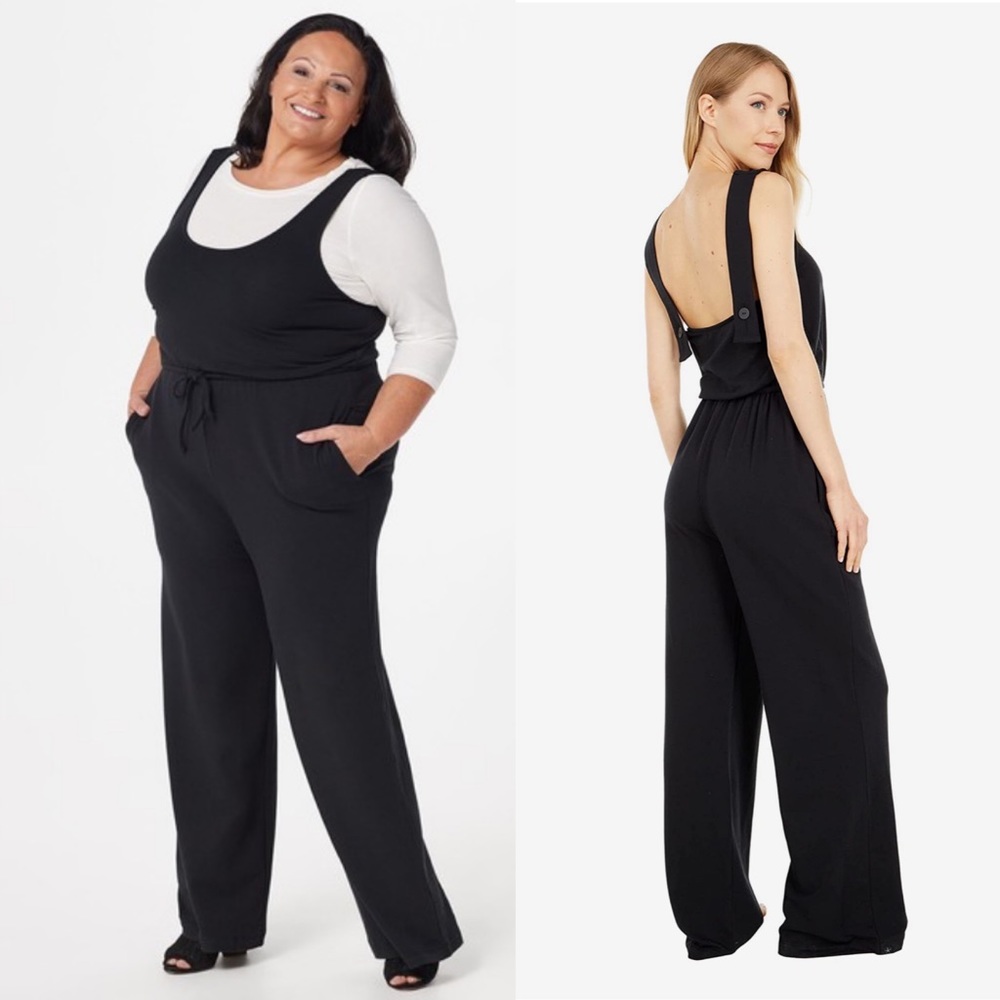 Barefoot Dreams Malibu collection black overall drawstring waist jumpsuit 2X